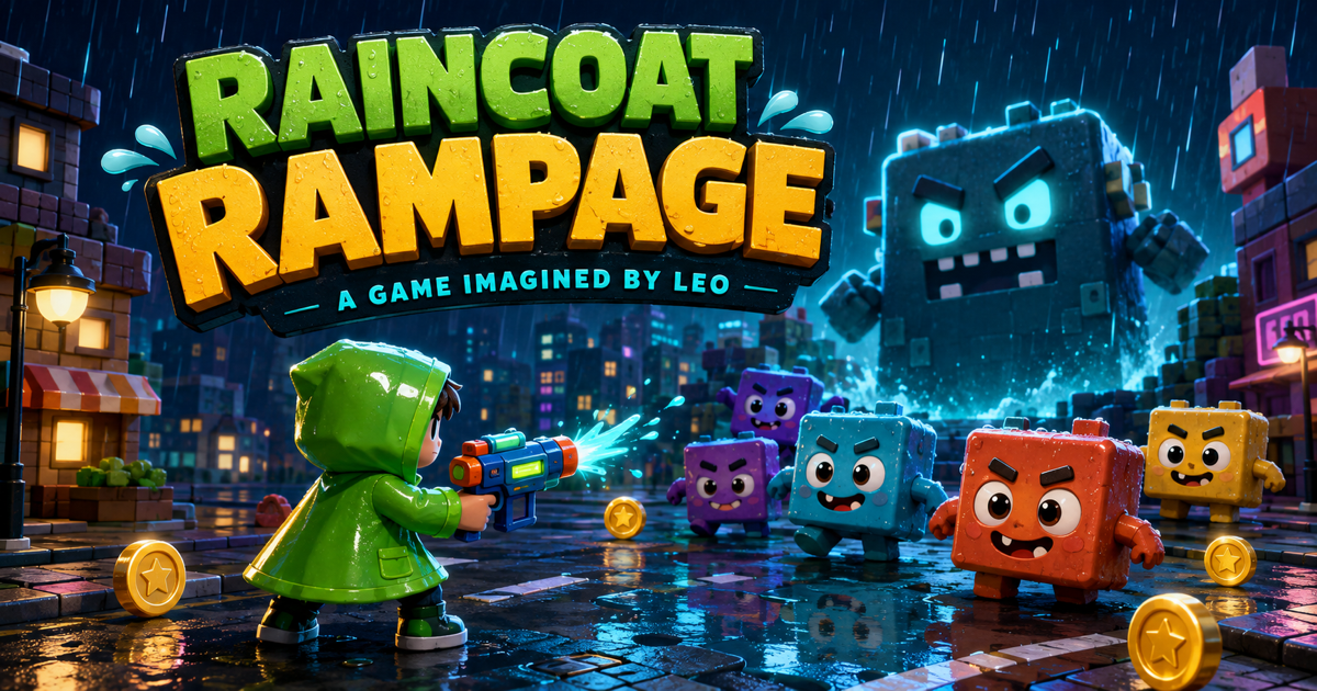 A green-raincoat hero facing square monsters in a rainy city